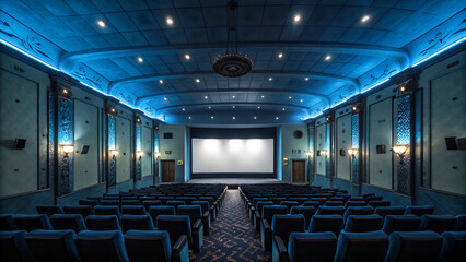 Empty Modern Cinema Hall with Blank Screen – Movie Theater Interior Seating and Blue Ambient Lights