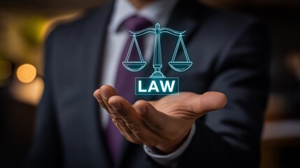 A businessman holding glowing blue justice scales icon with word LAW, futuristic business law concept 
