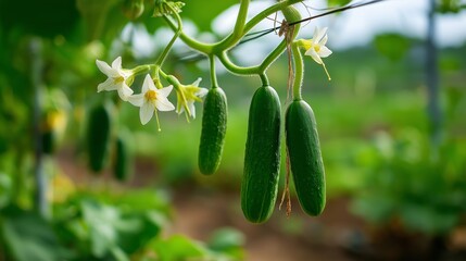 fruitful cucumber plant with blur plantation background