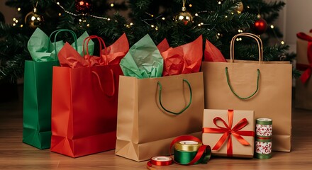 Festive Christmas Gift Bags and Presents Under the Tree