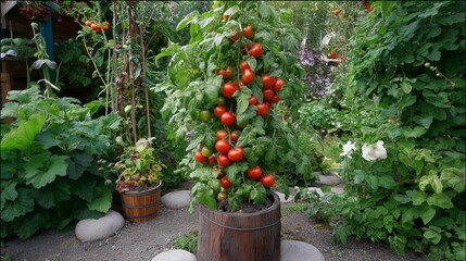red ripe fruitful tomatoes tree  at home garden