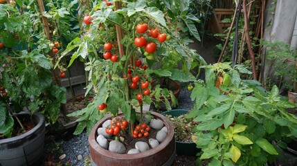 red ripe fruitful tomatoes tree  at home garden