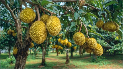 fruitful durian tree has young durian hanging on branches