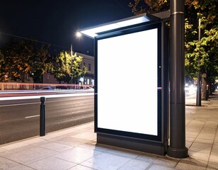 Illuminated Billboard on City Street at Night with Streaking Car Lights