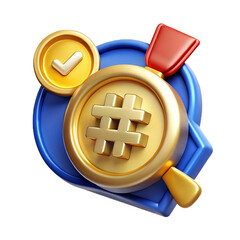 3D Render of Gold Hashtag with Checkmark and Ribbon