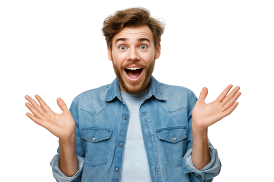Excited man with open arms isolated on transparent background - Powered by Adobe