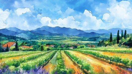 Fototapeta premium watercolor painting illustration, new grow vineyard plantation, beautiful rural countryside with farmland plantation under blue sky and mountains