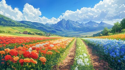  watercolor painting illustration, colorful flower field,  beautiful rural countryside with farmland plantation under blue sky and mountains