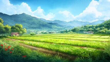 Fototapeta premium watercolor painting illustration, green vegetable field, beautiful rural countryside with farmland plantation under blue sky and mountains