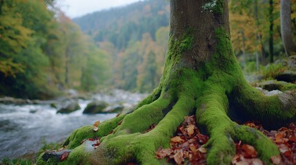 big tree trunk with root covered with moss at river shore in nature park 
