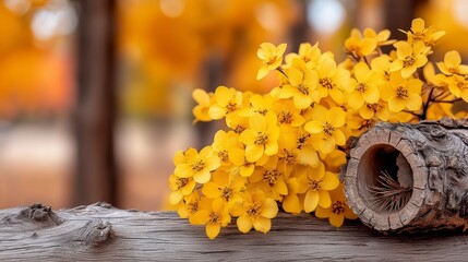 October Autumn scenery , yellow flower blossoming in color changed forest 