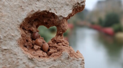 squirrel secret nut collection, under wall hole crack in heart shape 
