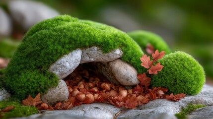 October Autumn scenery, cute nut storage of squirrel full of oak nuts under mossy rock 