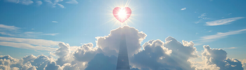 Stairway to heaven in clouds with glowing heart and bright sunlight shining warmly