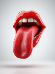 Glossy red lips with protruding tongue in a surreal, bold, and playful close-up