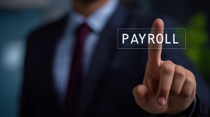 close up hand of a Caucasian businessman finger touching on virtual hologram screen in air with word Payroll in the middle	