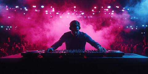 A DJ performs at a nightclub bathed in pink and blue lighting.
