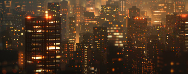 City nightscape with glowing windows and warm lights creating vibrant urban atmosphere