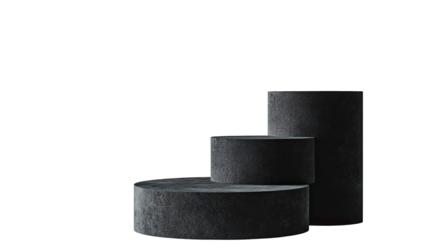 Dark gray tiered cylinder podiums on a black background