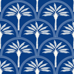 Seamless palm tree pattern featuring tropical botanical elements. This design is perfect for summer.	