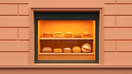 the image shows a recessed display case in a building facade. the facade is constructed of peach colored bricks,