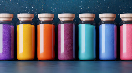 the image shows a row of six glass jars sitting on a surface. each jar is filled with a different color of small granules or powder