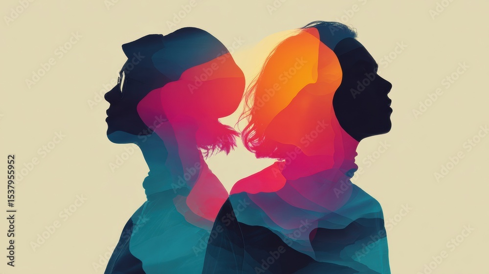 Poster Two Silhouettes Merging Into One Abstract Shape Showcasing Unity and Connection in Vibrant Colors