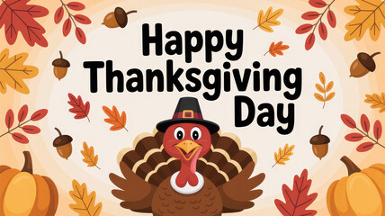 Happy Thanksgiving Day with cheerful turkey wearing pilgrim hat surrounded by autumn leaves, acorns, and pumpkins
