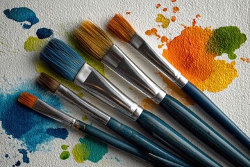 Obraz premium Five Watercolor Brushes Arranged on Paper with Colorful Splashes