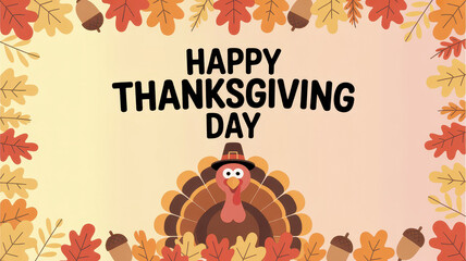 A Festive Thanksgiving card with cheerful turkey surrounded by colorful autumn leaves and acorns