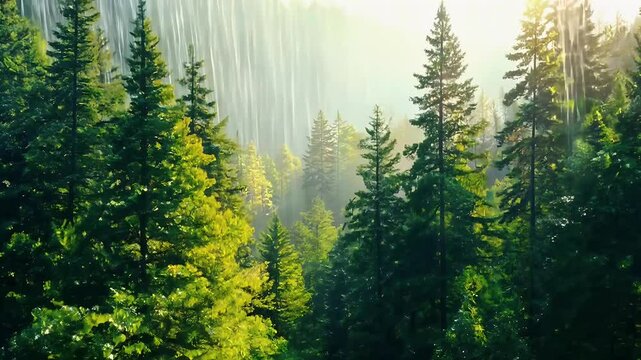refreshing summer rain shower lush forest landscape video highlighting towering pine trees colorful atmospheric backdrop