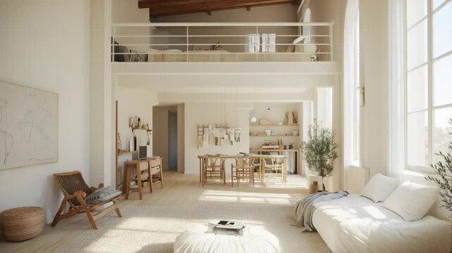 Bright loft with mezzanine visible beams soft textiles and natural palette shown with even lighting and architectural clarity
