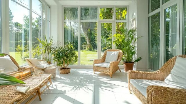 Bright sunroom with wicker lounge set green plants white tile floor and large surrounding windows under natural daylight