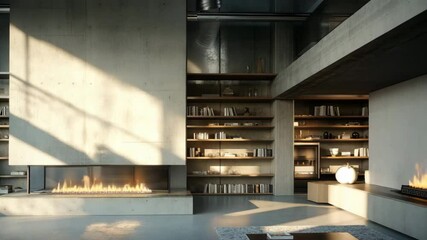 Chic modern fireplace in high ceiling loft, concrete textures, built-in shelving, and natural sunlight beaming through large windows - Powered by Adobe