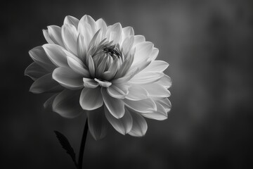 Monochrome black and white dahlia on a gray glowing backdrop, minimalist and high-contrast floral aesthetic