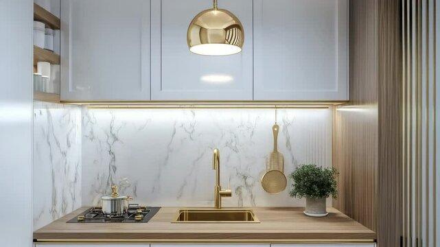 Compact luxury kitchenette with gold fixtures white cabinets marble backsplash and pendant light over wooden counter