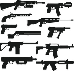 Assortment of Black Gun Silhouettes Ranging from Pistols to Rifles, Showcasing Various Weapon Designs in a Flat Graphic Style