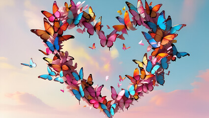 Multiple butterflies forming a shape of a heart in the sky, against a soft pastel background