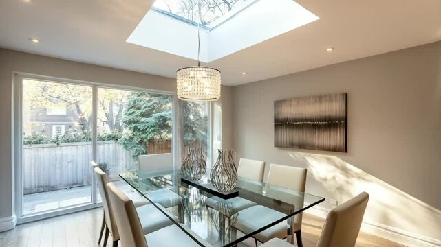 contemporary dining area with glass table designer chairs natural light from skylight clean lines simple elegant setting highlighting textures and shadows