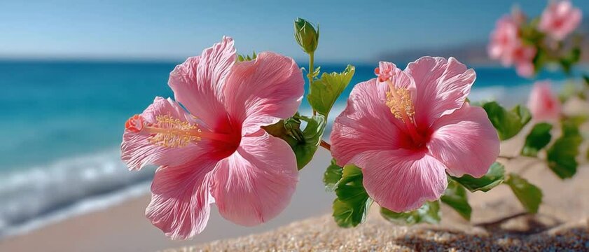 Hibiscus Blossom by the Shoreline: Delicate hibiscus blossoms bask in the sun near the shore, petals a vibrant contrast to the turquoise sea, and sandy beach, an ode to the tropics and pure serenity.