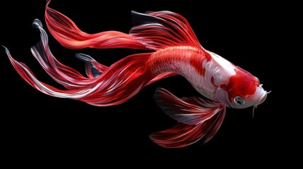 Vibrant red and white fish swimming gracefully in clear water, showcasing the beauty of underwater life and color