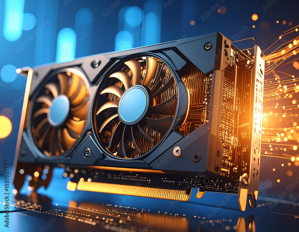 Fototapete A close-up of a high-end graphics card with two fans, illuminated by golden light against a blue bokeh background.
