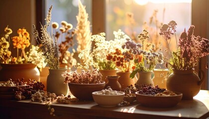 Beautiful Arrangement of Dried Flowers on a Sunlit Table in a Cozy Indoor Space During Golden Hour
