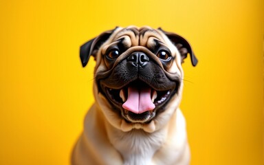 Cheerful pug celebrating pride month indoor studio pet portrait bright yellow background close-up joyful spirit. High quality