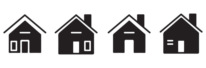 Collection home icons. House symbol. Set of real estate objects and houses black icons isolated on white background. Vector illustration.