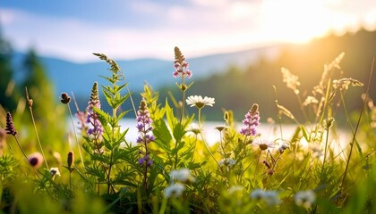 Fototapeta premium Vibrant Wildflowers Bloom Quietly at Sunset by a Tranquil Lake in a Serene Natural Setting