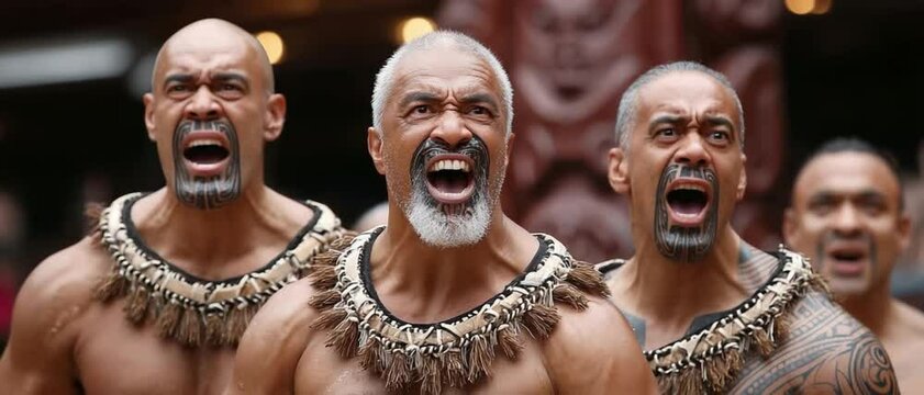 Maori Men Performing Haka: Powerful Maori men with traditional facial markings and adornments perform a captivating haka, a traditional war cry and dance, showcasing strength.