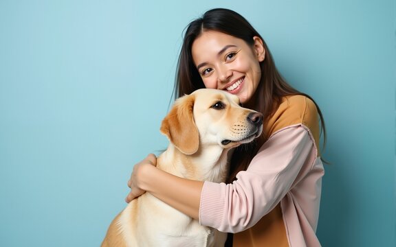 Young smiling cheerful fun owner woman with her best friend retriever wear casual clothes hug embrace dog close eyes isolated on plain pastel light blue background studio. Take care about pet concept
