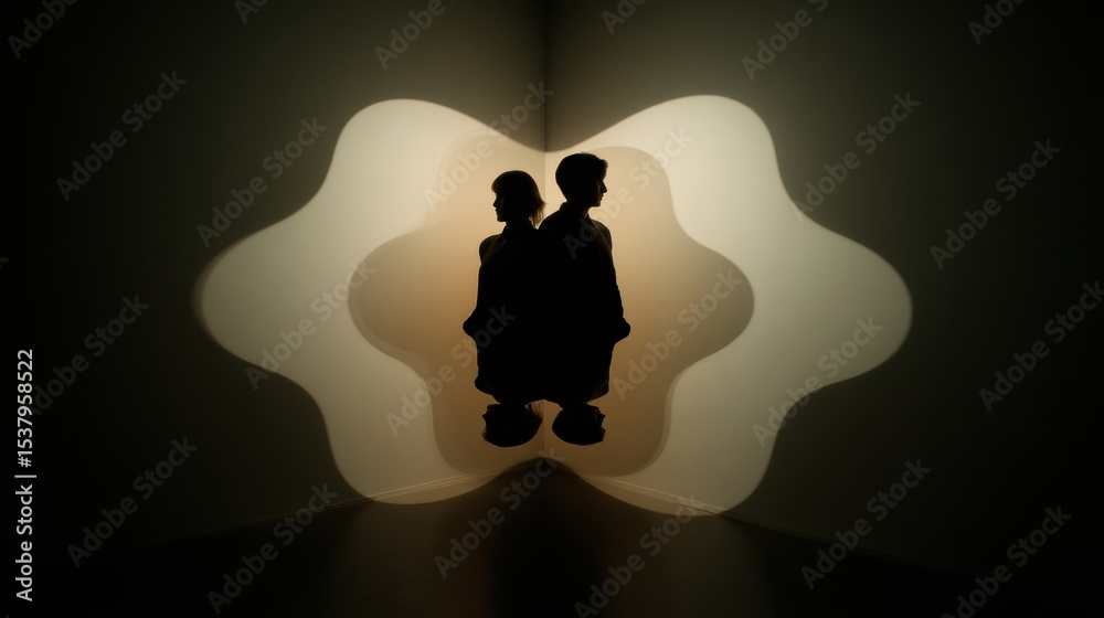 Leinwandbilder Two Silhouettes Merge Into One Abstract Shape in a Dimly Lit Space, Creating an Intriguing Visual Representation of Unity and Duality