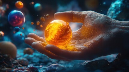 Hand holding a fiery ball of flame radiating intense heat and energy in a captivating display of power and focus